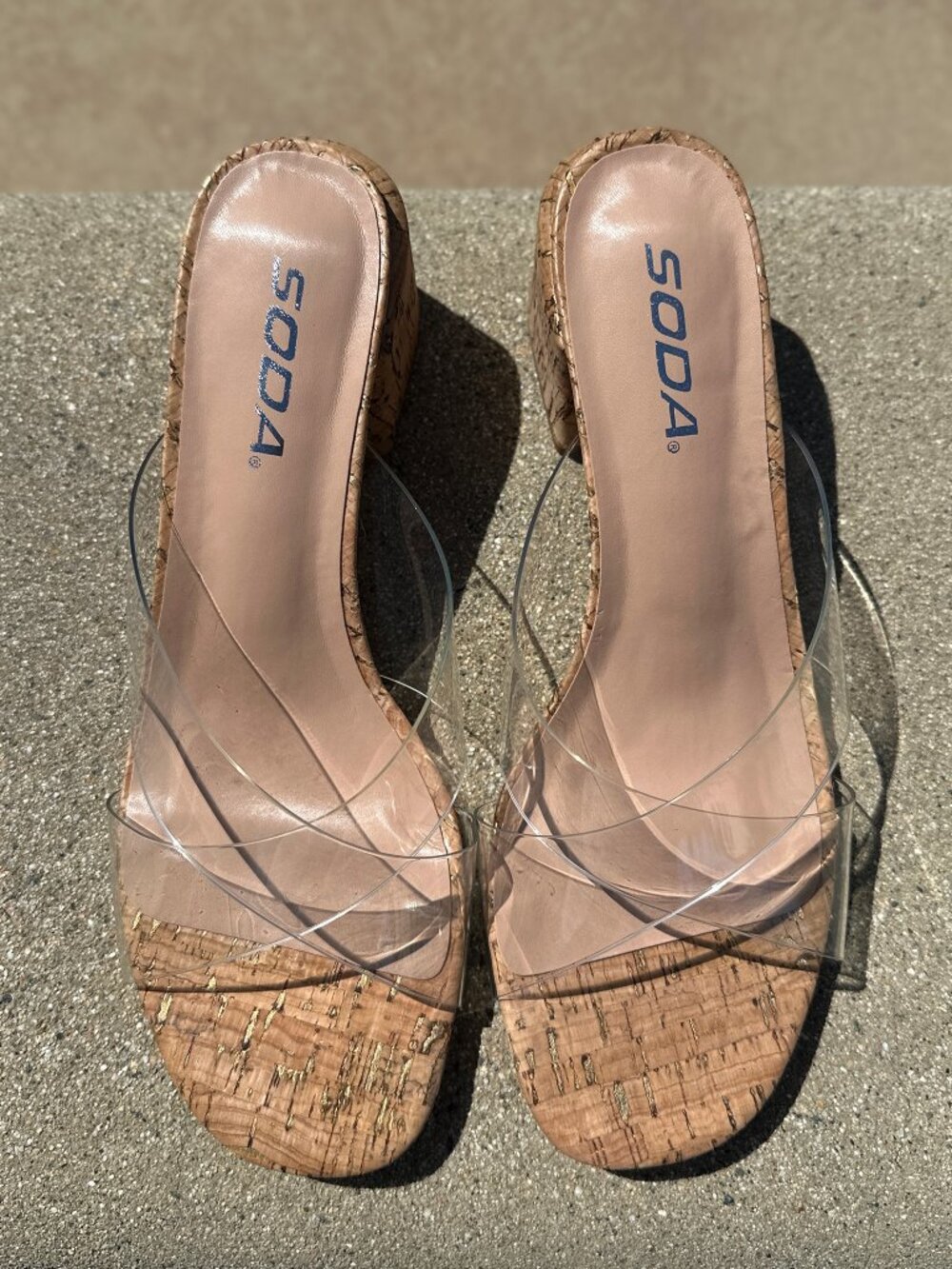 NEW🔥 Transparent Clear Open Toe Cork Low Block Heel Mules Sandals Slip Slide On - Picture 2 of 5